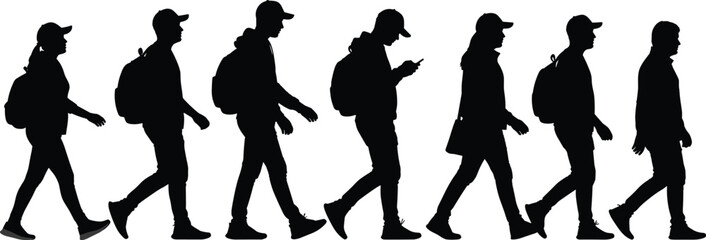 Walking people silhouette vector illustration, group of men and women with backpacks, casual urban travelers, modern lifestyle design