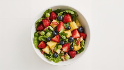 Fresh fruit salad with strawberries, blueberries, green grapes, pineapple, and lettuce on a white background.