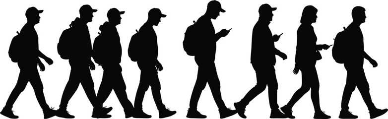 Walking people silhouettes, men and women with backpacks using mobile phones, black vector illustration design for urban lifestyle and travel concepts