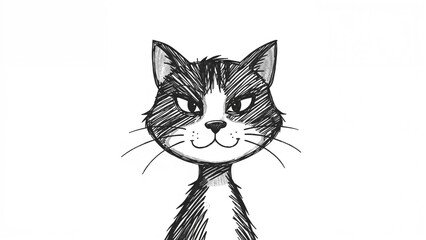 A cartoon-style sketch of a smiling cat face with distinctive markings and expressive eyes.