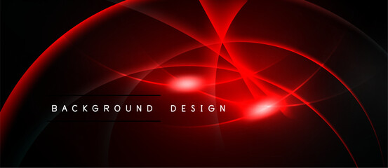 Dynamic red design features curved lines, bright glow. Dark background enhances visual impact, creating modern aesthetic.