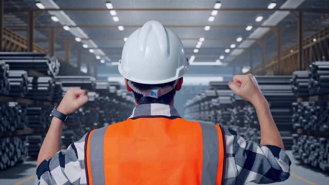 Close Up Back View Of A Male Engineer With Safety Helmet Raising His Hands Celebrating While Working at Warehouse of Rolled Steel Metal Bars, Rods or Billets