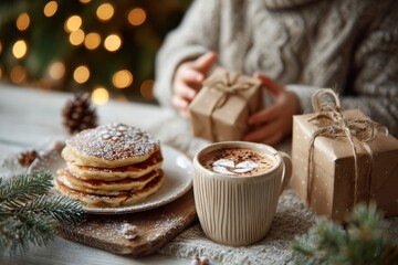 Child reaching for pancakes as parent sets mug