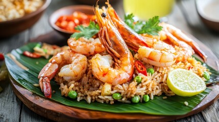 Indonesian Nasi Goreng Dish with Grilled Shrimp and Garnishes
