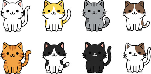 Cute Cartoon Cat Set Featuring Various Colors and Breeds in Adorable Kawaii Style. © IVY QUEEN