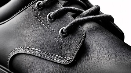 new sleek black combat boot pristine condition, polished high shine leather, crisp laces perfectly tied, focus on the intricate stitching and robust construction, studio shot, stark white background, 