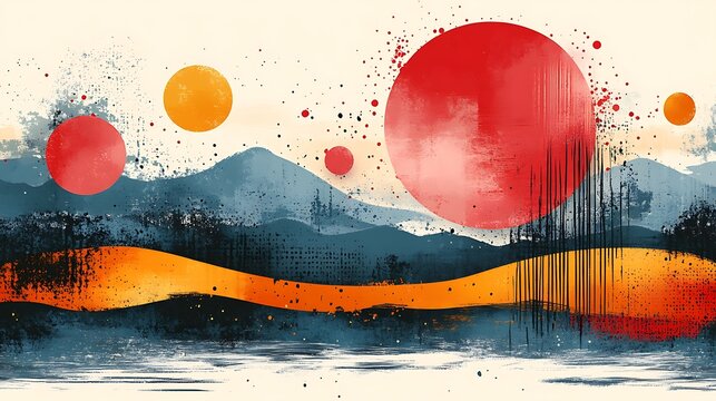 Abstract landscape painting with mountains, sun, moon, and vibrant orange band art