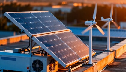 Medium shot of a hybrid renewable energy system combining solar panels and small wind turbines highlighting innovative integration of diverse sustainable power sources
