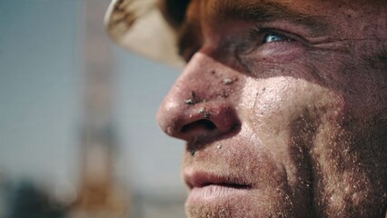 Obraz premium Closeup of construction worker sweating in midday sun urban site portrait bright environment symbol of hard work