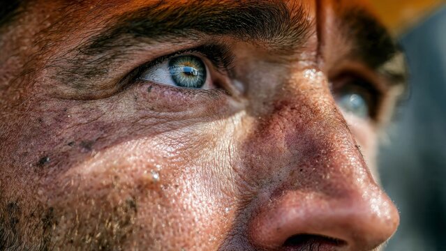 Closeup of construction worker sweating in midday light urban setting portrait photography symbol of endurance