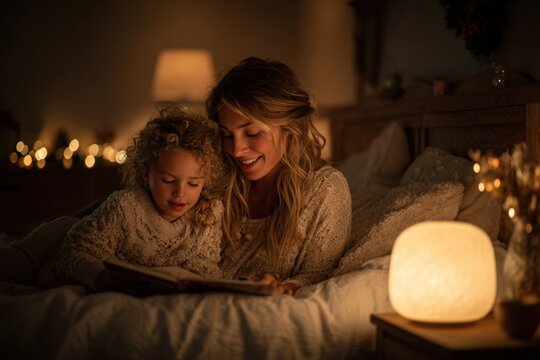 Parent and child reading bedtime story on bed