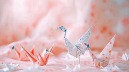 Obraz premium Intricate origami cranes made of paper displayed on a soft pink and white textured background