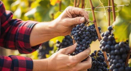 Farmer's hands inspect ripe red grapes on vine in sunny vineyard