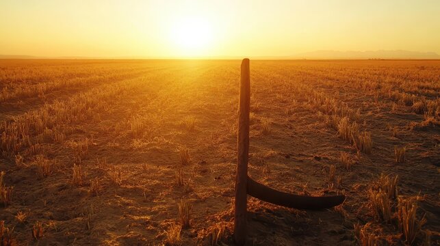 Isolated rusted agricultural plowshare with a broken tine in a golden sunset field