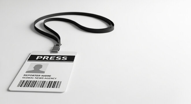 Press ID badge on a lanyard with black strap on white background  