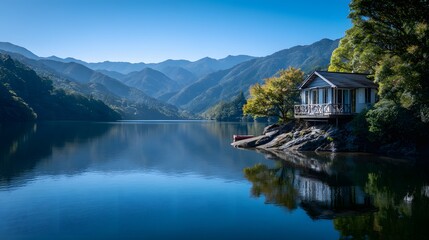 Obraz premium Small wooden structure rests on a rocky outcrop beside a tranquil body of water with layered mountains in the background
