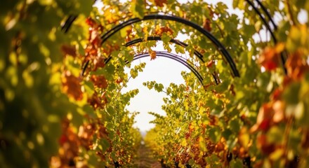 Vibrant autumn grapevines forming an arched tunnel in vineyard