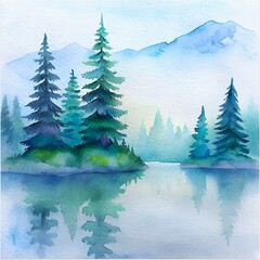 Misty Mountain Lake Watercolor Painting with Pine Trees Reflection. Wall Art