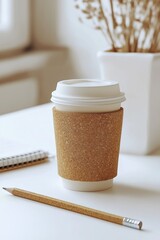 Coffee to go in cup with cork sleeve and pencil on white desk. Minimalist workspace scene with notebook and plant in background