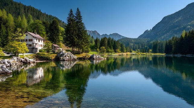 Quaint waterside dwelling sits nestled among dense evergreen forest beside calm alpine lake waters - Powered by Adobe