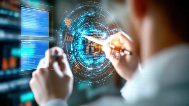 Digital Intelligence in Action: A visionary analyst expertly navigates an intricate digital interface, symbolizing innovation, data analysis, and the technological future.