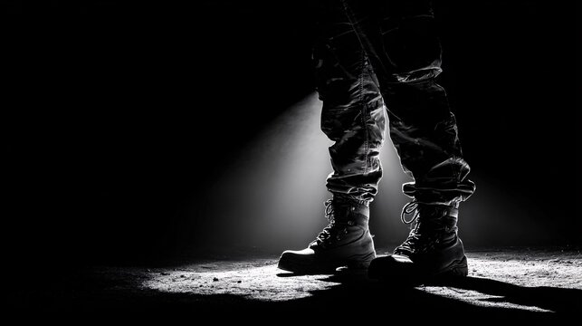 close-up of silhouette-style combat boots with backlight casting a dramatic shadow, representing strength, mystery, and solitude, minimalist background with copy space silhouette boots, dramatic 