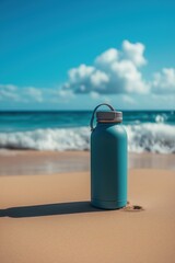 Blue reusable water bottle on warm sand at a tropical beach. Ocean waves crash under a sunny sky with clouds. Concept of hydration, summer vacation, and sustainability