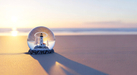 Snow globe with lighthouse on sandy beach at sunset  