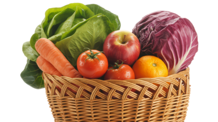 Basket full of vegetables including carrots tomatoes lettuce apple red cabbage and orange creating rustic display of fresh produce on transparent backdrop for farm