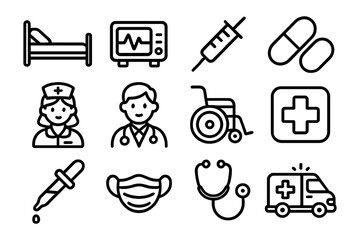 Fototapeta premium Medical icons collection: doctor, nurse, and healthcare equipment in linear style