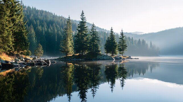 Dense evergreen forest surrounds a calm lake with mist rising in the early morning light