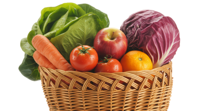 Basket full of vegetables including carrots tomatoes lettuce apple red cabbage and orange creating rustic display of fresh produce on transparent backdrop for farm