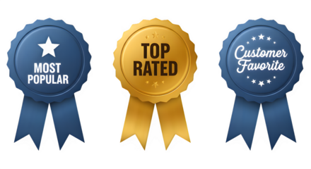 Set of three awards ribbons with different messages on a black background