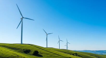 Fototapeta premium Wind turbines on green hills under clear blue sky 