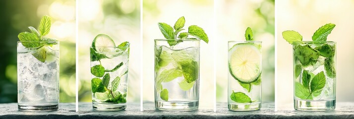 Refreshing mojito cocktails. Summer drinks with ice, fresh mint leaves, and lime slices on a bright, blurry green outdoor background