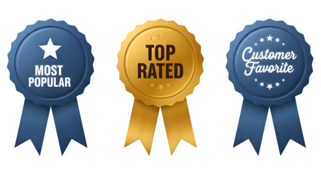 Set of three awards ribbons with different messages on a black background