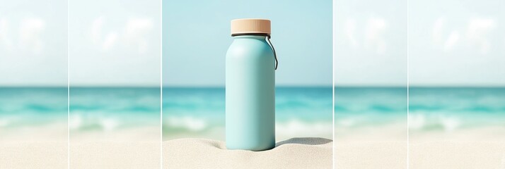 Reusable light blue water bottle with a wooden cap on a sandy beach. Blurry turquoise ocean in the background. Summer vacation, hydration and sustainability concept with copy space