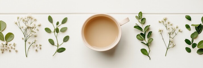 Cup of coffee with milk, green leaves and white flowers on white wooden table. Flat lay banner composition
