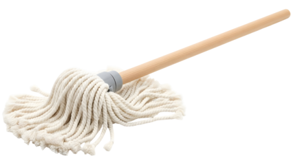 Traditional cotton string mop with wooden handle on black background