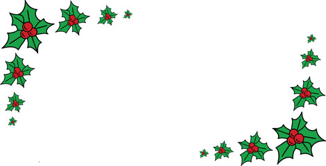 Festive holly leaf border with bright red berries for holiday designs. Decorative Christmas corner frame perfect for greeting cards and seasonal projects. Clean, cheerful artwork for creative winter .