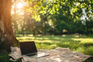 Laptop on a blanket under a large tree in a green park on a sunny day. Concept of remote work, studying outdoors, and digital nomad lifestyle