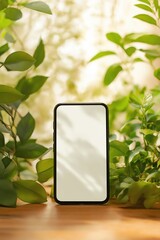 Smartphone mockup with blank white screen standing on a wooden table. Surrounded by fresh green leaves and plants with soft natural sunlight in the background