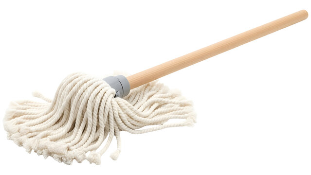 Traditional cotton string mop with wooden handle on black background