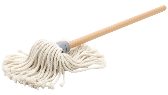 Traditional cotton string mop with wooden handle on black background
