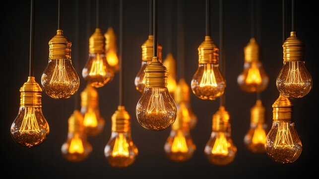 Many vintage Edison incandescent light bulbs hanging and glowing warmly in a decorative interior lighting arrangement