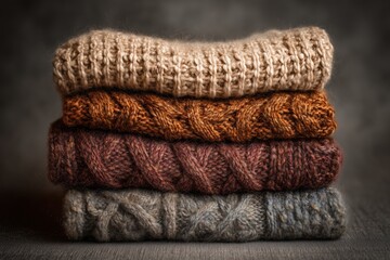 Stack of chunky knitted sweaters folded neatly, featuring rib and cable textures in various colors