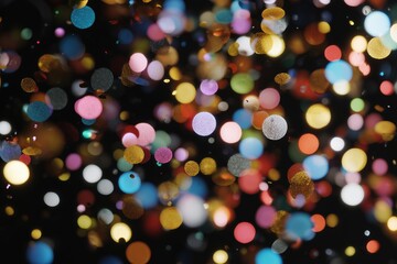 Colorful confetti falling through pastel rainbow bokeh against black background with festive sparkles