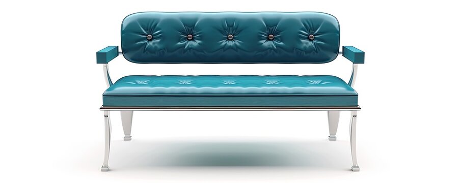 Elegant Turquoise Bench with Button Tufting and Chrome Legs isolated on White Background