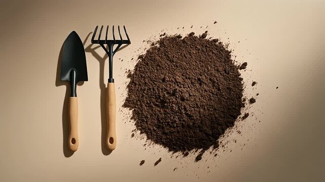 Minimalist Top View of Gardening Tools and Pile of Soil