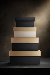 Sleek black and metallic gold gift boxes stacked symmetrically, high impact design